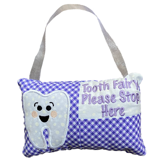 Child's Tooth Fairy Hanging Pillow Cushion Purple Gingham