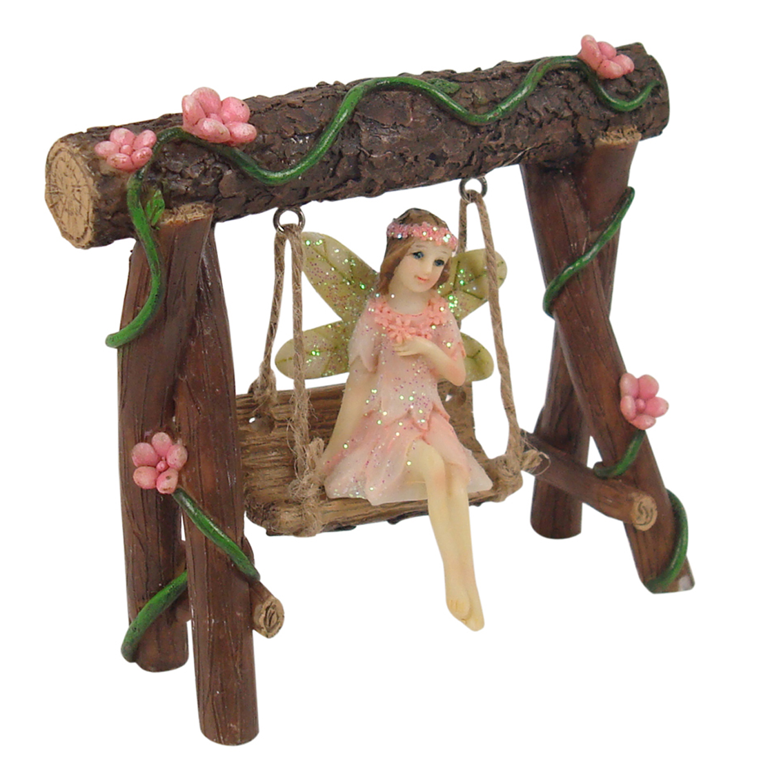 A resin swing with a fairy figure seated on it, surrounded by flower details and greenery. The fairy is decorated with a crown and floral accents.