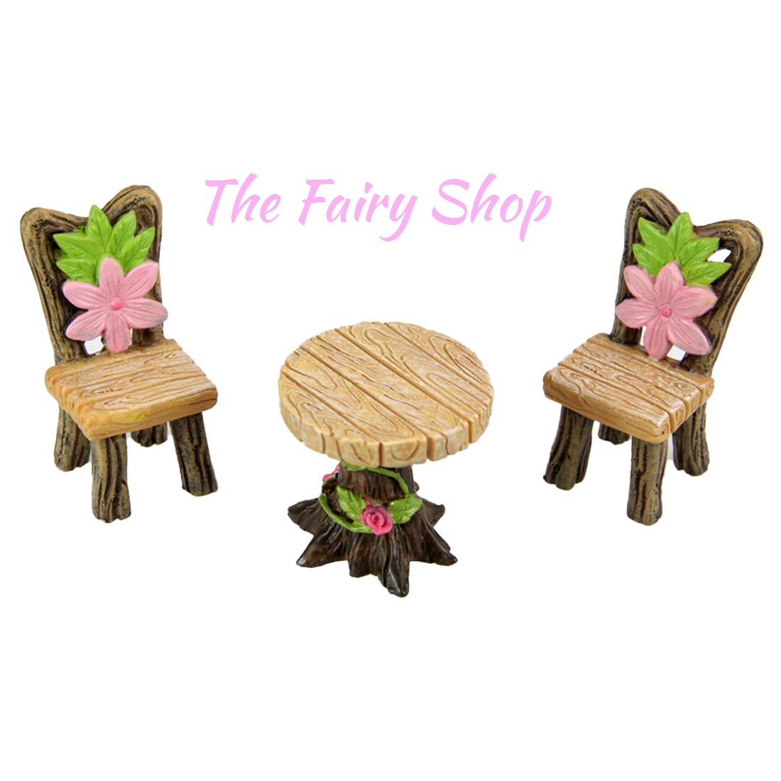 Fairy Garden Table & 2 Chairs with Pink Flower Design