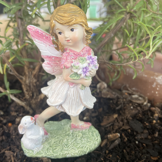 Fairy Holding Flowers with Bunny Figurine