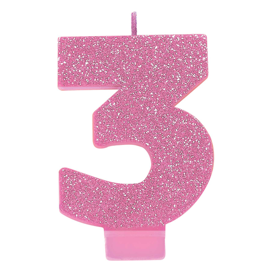 No. 3 Pink Glitter Numeral Pink Candle