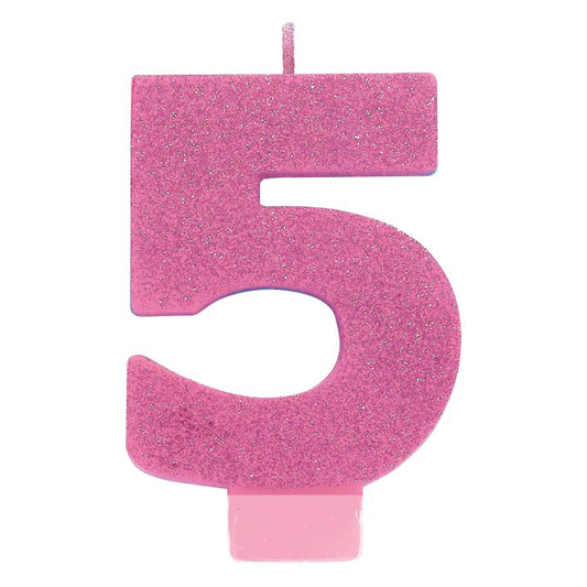 No. 5 Pink Glitter Numeral Pink Candle