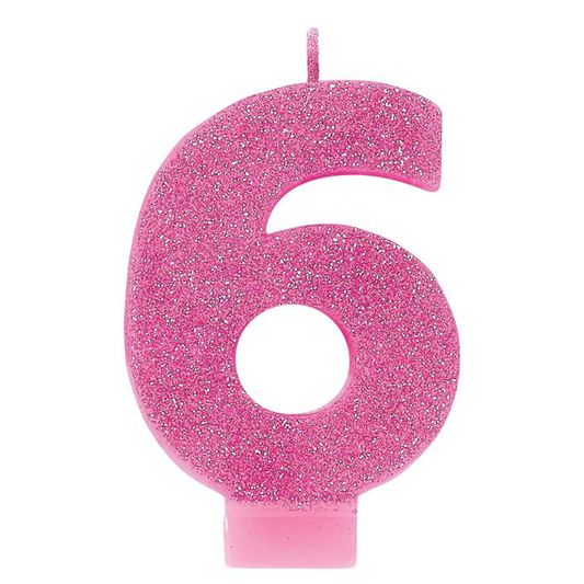 No. 6 Pink Glitter Numeral Pink Candle