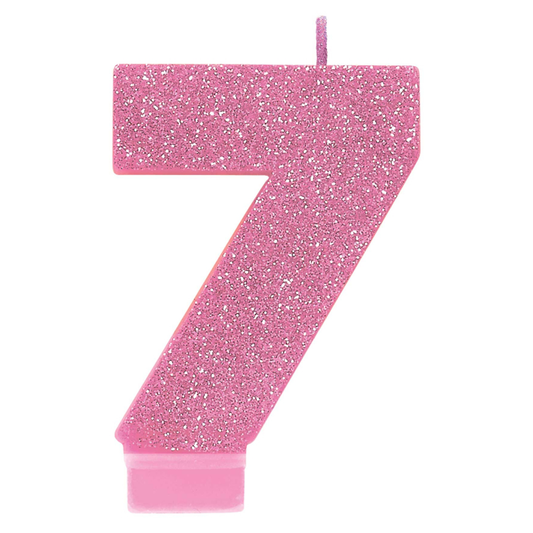 No. 7 Pink Glitter Numeral Pink Candle
