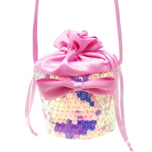 Romantic Ballet Pink Sequin Bow Drawstring Crossbody Bag