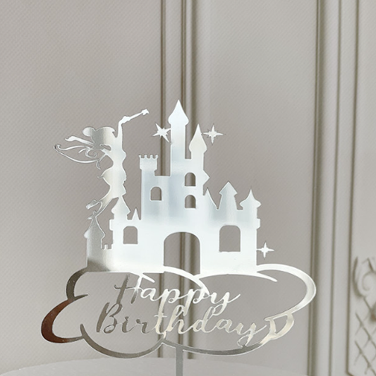 Silver Happy Birthday Cake Topper Castle and Fairy