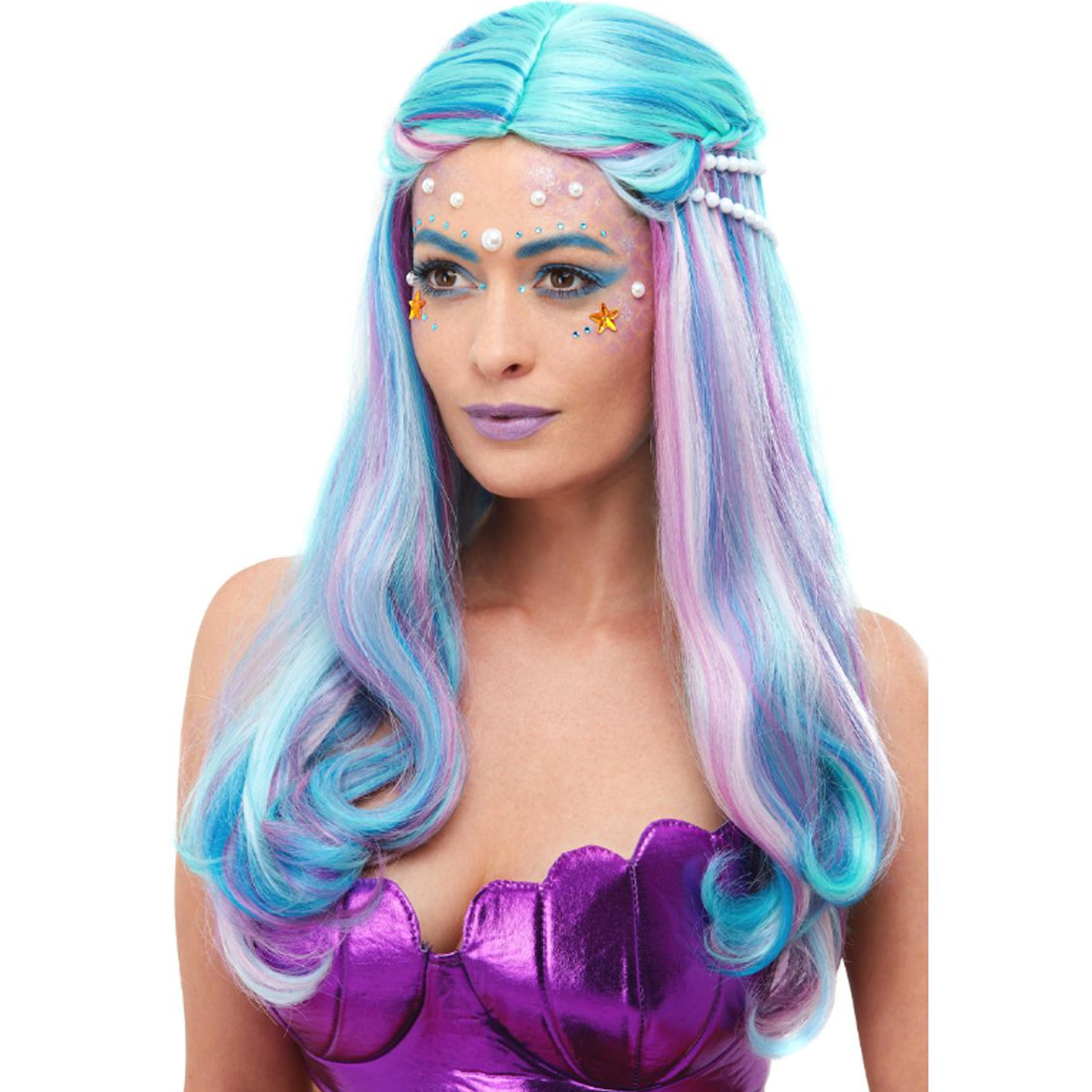 Womens Blue Mermaid Wig with Pearls
