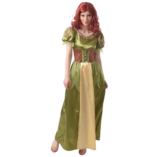 Womens Long Green and Gold Forest Fairy Costume